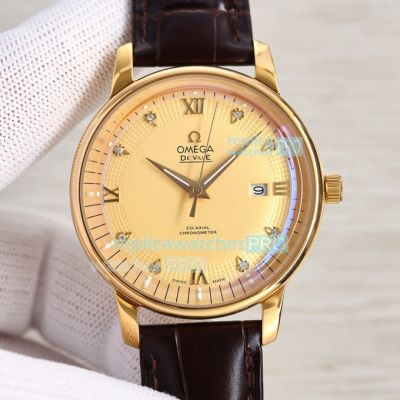 Swiss Super Replica Omega De Ville Yellow Dial Brown Leather Strap Yellow Gold Bezel 42mm